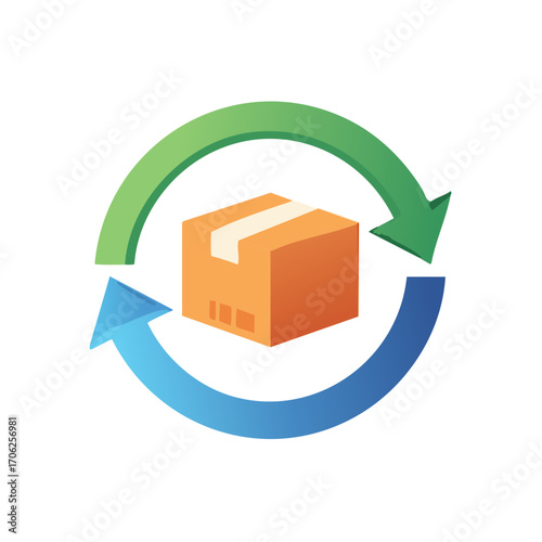 Return process concept with an orange cardboard box and a green and blue circular arrows design, service concept