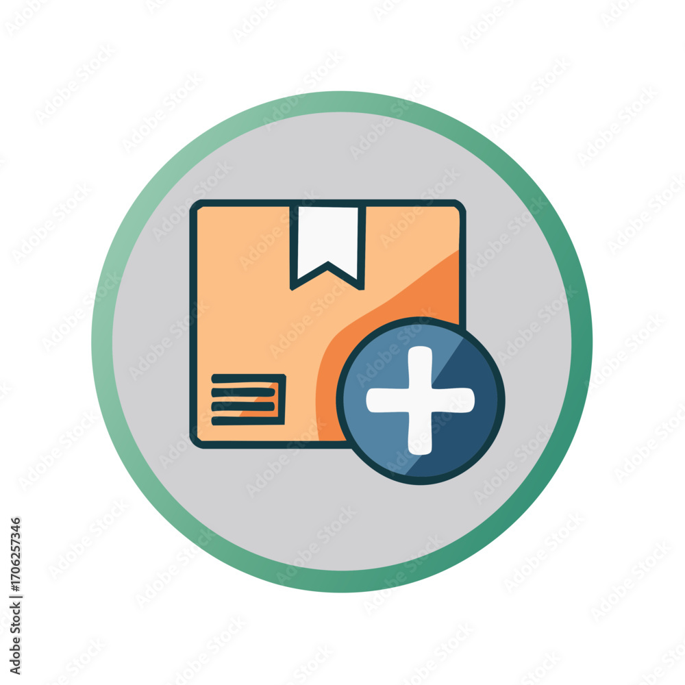 Fototapeta premium Shipping Box with Add Sign in Circle, Package Delivery, Order Confirmation, Business Commerce