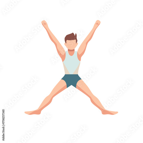 Male figure doing jumping jacks exercise with arms raised and legs spread outwards