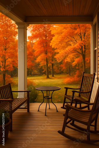 Autumn interior. Cozy autumn atmosphere. Porch with rocking chairs and sofas.