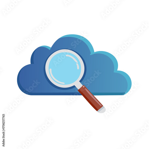Magnifying glass over cloud symbol, data analysis and cloud computing concepts