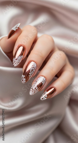 A woman's elegantly manicured hand showcases almond-shaped nails adorned with a shimmering rose gold chrome finish and intricate white lace-like detailing ne...