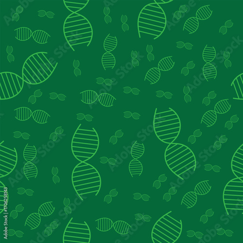 Seamless green background with stylized DNA strands, symbolizing genetics, biology, and research. Ideal for science, education, and medical design