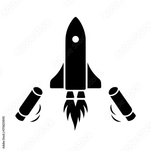 Clean black vector illustration of a rocket launching with its boosters detaching. Space mission, launch sequence, and space exploration technology.

