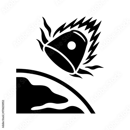 Dramatic black vector illustration of a space capsule re-entering Earth’s atmosphere, burning brightly. Space mission, journey's end, and atmospheric descent.

