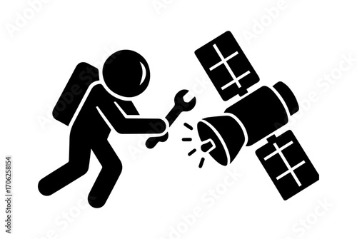 Detailed black vector illustration of an astronaut repairing a satellite in outer space. Orbital maintenance, cosmic technology, and space exploration.

