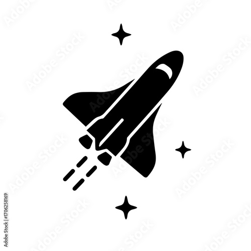 Black and white vector illustration of a space shuttle flying through stars in outer space. Icon design represents space exploration, launch, and futuristic travel.