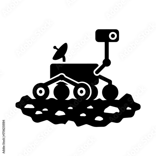 Detailed black vector illustration of a Mars rover exploring a rocky terrain with dust clouds. Planetary exploration, cosmic research, and robotic science.

