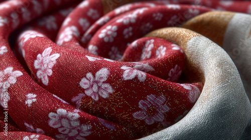 Indonesian batik fabric in soft red, cream, and tosca tones, showcasing geometric patterns with a traditional woven motif	