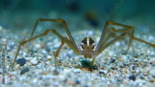 Close-up view of a slender, long-legged sea spider with a distinctive pattern on its body.