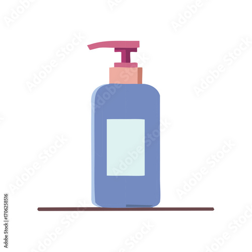 Simple illustration of a blue liquid soap dispenser with a pink pump on a brown shelf