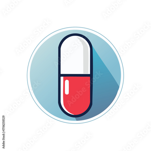 Medical capsule icon with red and white halves and a blue circular background with shadow