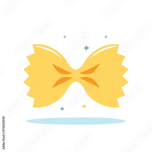 Isolated stylized bow tie pasta with subtle sparkles and a soft blue shadow on a white background