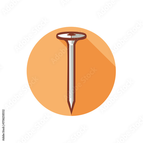 Simple Metal Nail Illustration in Flat Design Style with Long Shadow on Orange Circle
