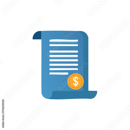 Blue Cartoon Paper with Gold Coin Symbolizing Bill Payment or Financial Transaction