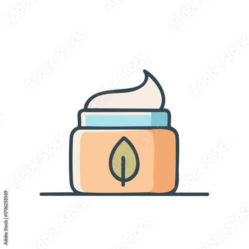 Hand drawn jar of cream with leaf symbol for natural cosmetics and skincare