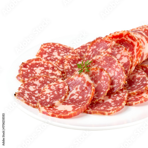 Sliced Gourmet Sausage on a White Plate A Culinary Delight for Food Lovers