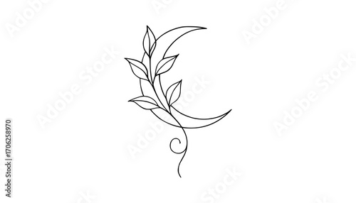 Elegant crescent moon with delicate leaves and swirling vine line art design