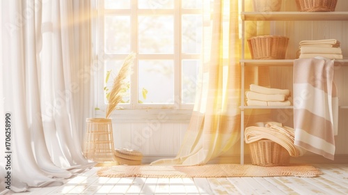 Bright Sunlit Cozy Interior Scene with Sheer White and Yellow Curtains and Wooden Shelving with Towels and Baskets