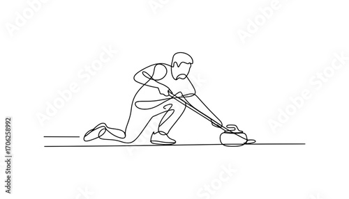 Curling player sweeping ice stone action line art sports game athlete