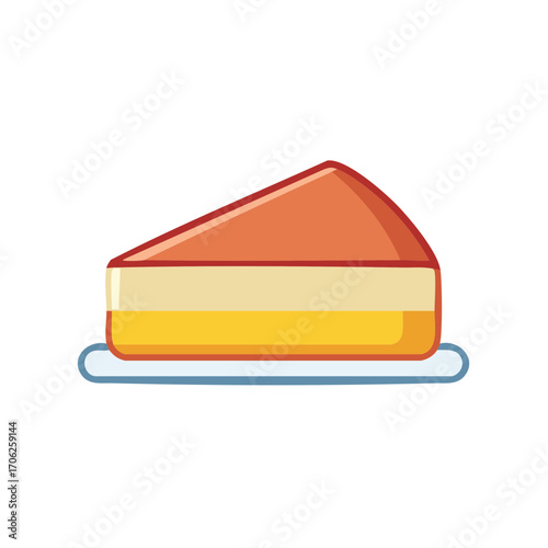 Vector icon of a slice of layered cheesecake with an orange jelly topping on a small plate