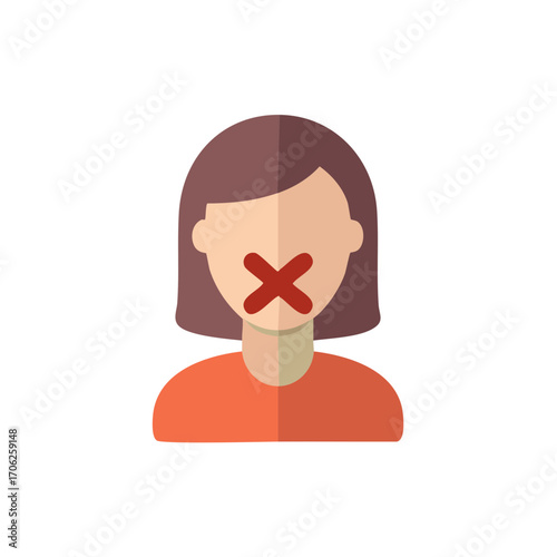 Woman with mouth taped shut vector icon for censorship and silence concepts