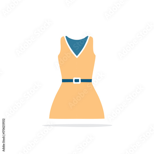 Fashionable peach dress with blue V neckline and belted waist vector art illustration