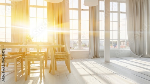 Bright Sunlit Modern Dining Room with Large Windows and White Curtains