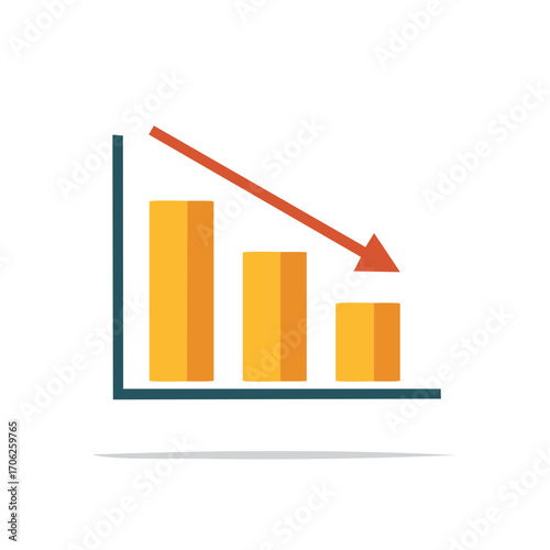 Bar chart with decreasing orange bars and a downward red arrow illustrating financial decline