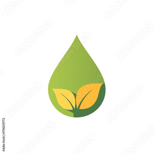 Green water drop with yellow leaves growing inside symbolizing organic growth and nature