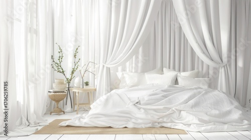 Bright White Bedroom with Elegant Curtains and Cozy Bed in Minimalist Style