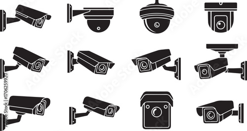 Security camera icon set – black silhouette illustrations of surveillance devices for safety design, monitoring systems, and tech branding.