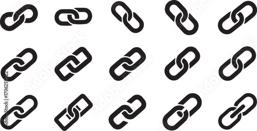 Chain link icon set – black silhouette illustrations of interlocked, broken, and stylized links for UI design, connectivity branding, and digital symbolism.