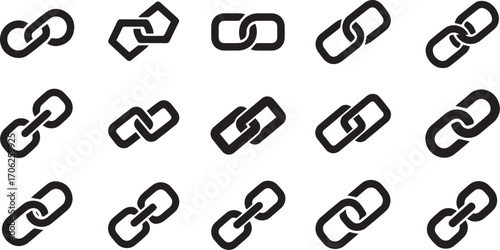 Chain link icon set – black silhouette illustrations of interlocked links for UI design, connection symbolism, and digital branding.