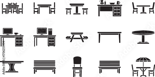 Furniture icon set – black silhouette illustrations of tables, desks, and seating for interior design, layout planning, and digital applications.