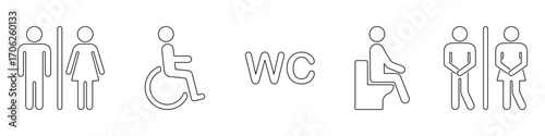 Restroom And Wc Sign Line Icon Set. Gender, Accessibility and Urgency Symbols Collection. Public Toilet, Male And Female, Wheelchair Accessible Icons. Editable Stroke. Isolated Vector Illustration