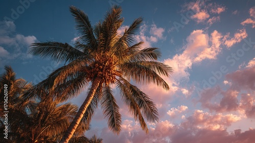 Close-up of palm leaves and coconuts against blue sky