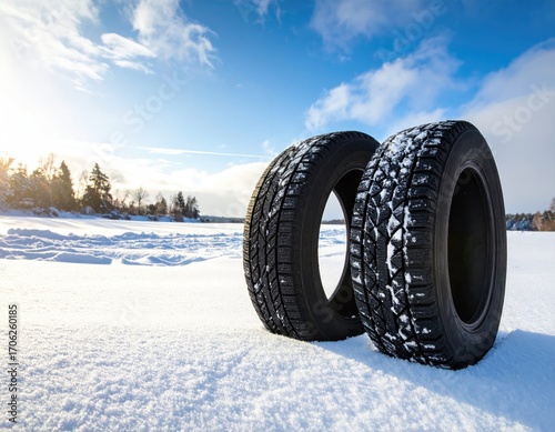 Two winter tires on a snowy landscape.  Sunlight on a frozen lake