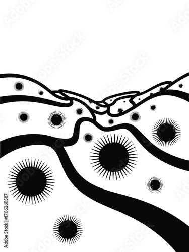 Abstract black and white organic shapes and spiky forms