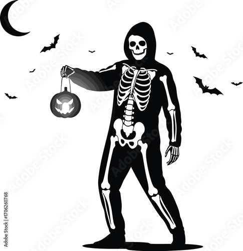 Person in skeleton costume holding a pumpkin lantern on halloween night scene
