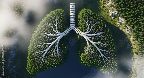 Aerial view of lungs made of trees in a forest, symbolizing clean air, environmental protection, and the importance of nature for respiratory health and wellbeing