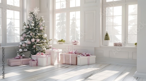 Bright White Living Room with Festive Christmas Tree and Pink Gift Boxes in Sunlit Space