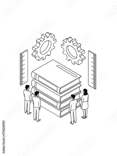 Tiny people studying a stack of books with gears and rulers