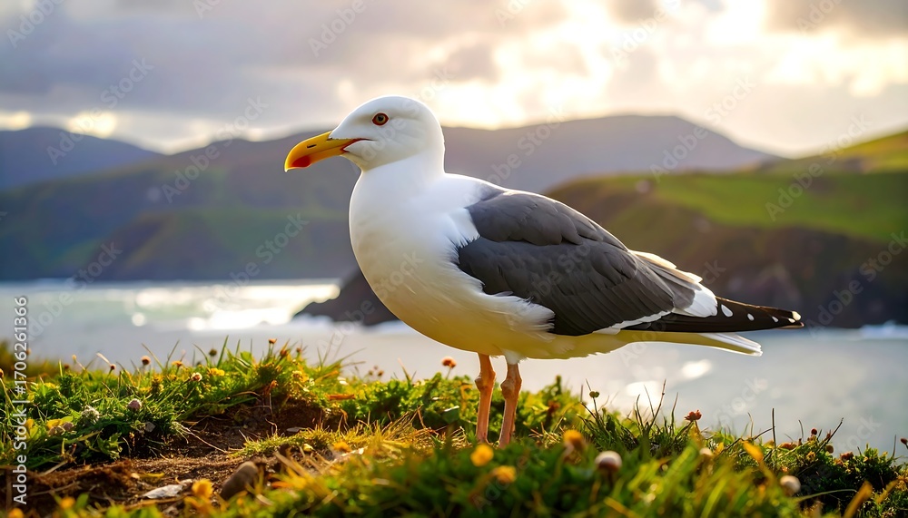 Obraz premium Seagull on cliff, sunset view