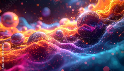 Abstract vibrant digital artwork of swirling, colorful spheres and particles