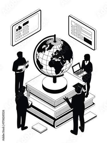 Global education and digital learning concept with students and technology