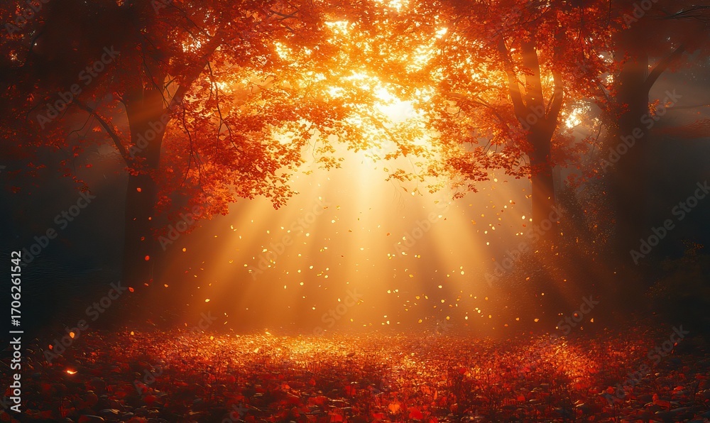 Fototapeta premium Golden Autumn Forest with Sunlight Streaming Through Falling Leaves creating Magical Ambiance
