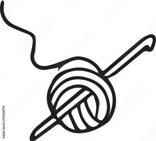 Set of vector line doodles with knitting items. Minimal black and white hand-drawn icons: yarn balls, knitting needles, craft baskets. Ideal for textile design, DIY projects, cozy handmade themes.
