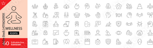 Wellness related icons set. Containing wellbeing, mental health, healthcare, yoga, meditation, lifestyle, cosmetics, fitness, spa, and medical. Outline icons. Editable stroke. Vector illustration.