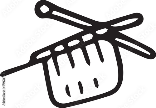 Set of vector line doodles with knitting items. Minimal black and white hand-drawn icons: yarn balls, knitting needles, craft baskets. Ideal for textile design, DIY projects, cozy handmade themes.